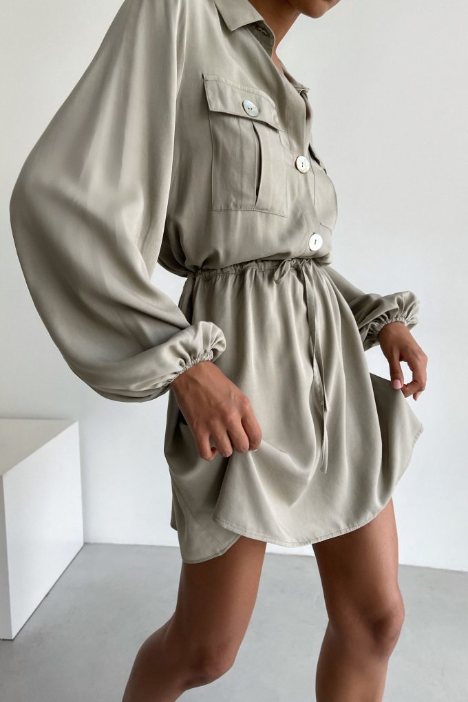 Mini dress with drawstring and pockets in olive