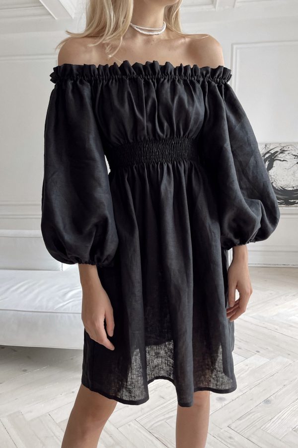 Сукня з льону з об'ємними рукавами чорна