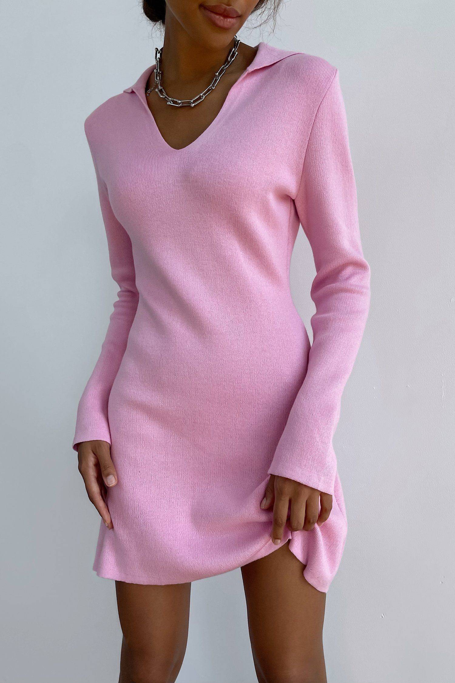 Трикотажное платье мини поло розовое - THE LACE фото 88852