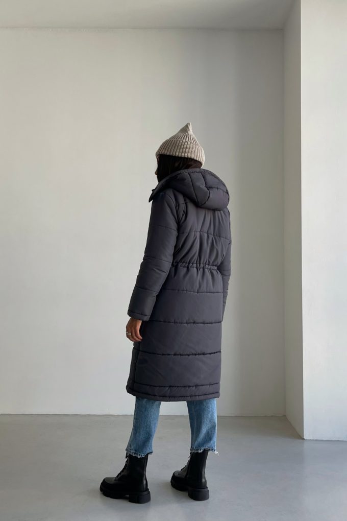 Long jacket with a drawstring in graphite