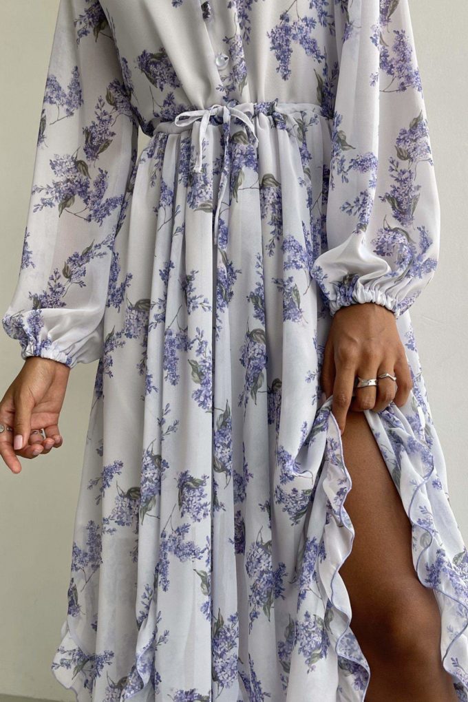 Midi dress with Lilac blooms print in violet