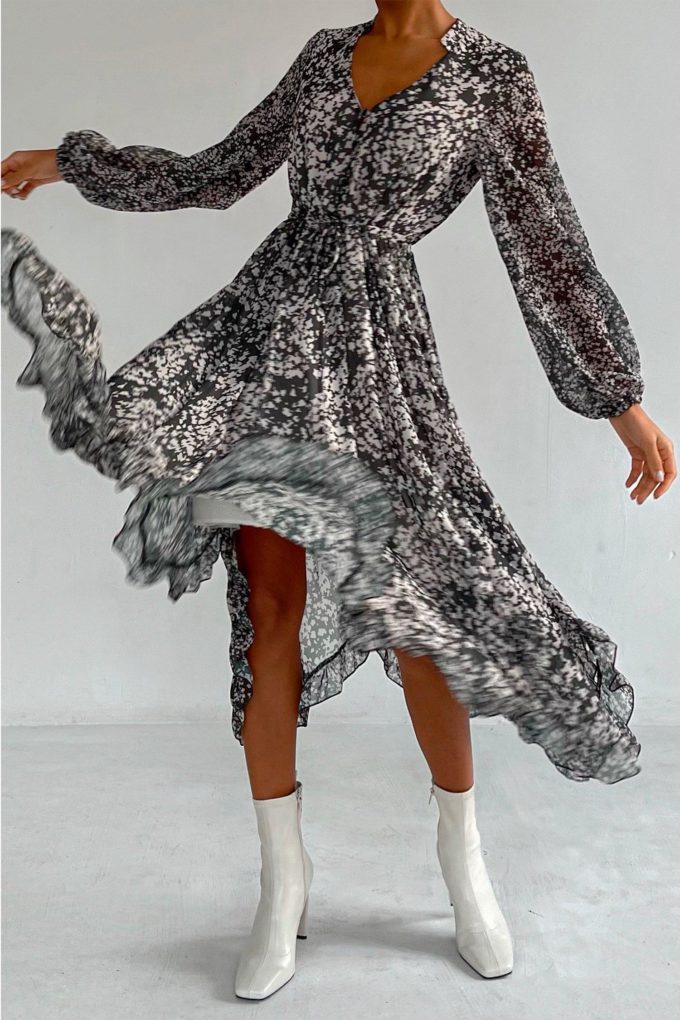 Midi dress with drawstring and Blur print