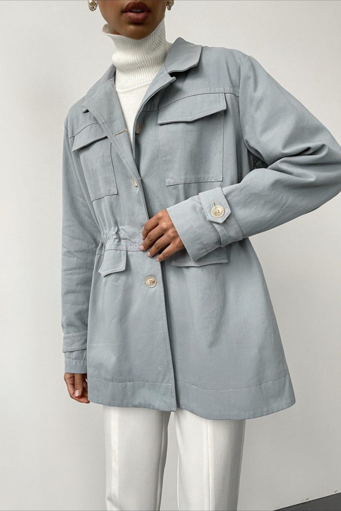 Cotton jacket with drawstring in blue and gray