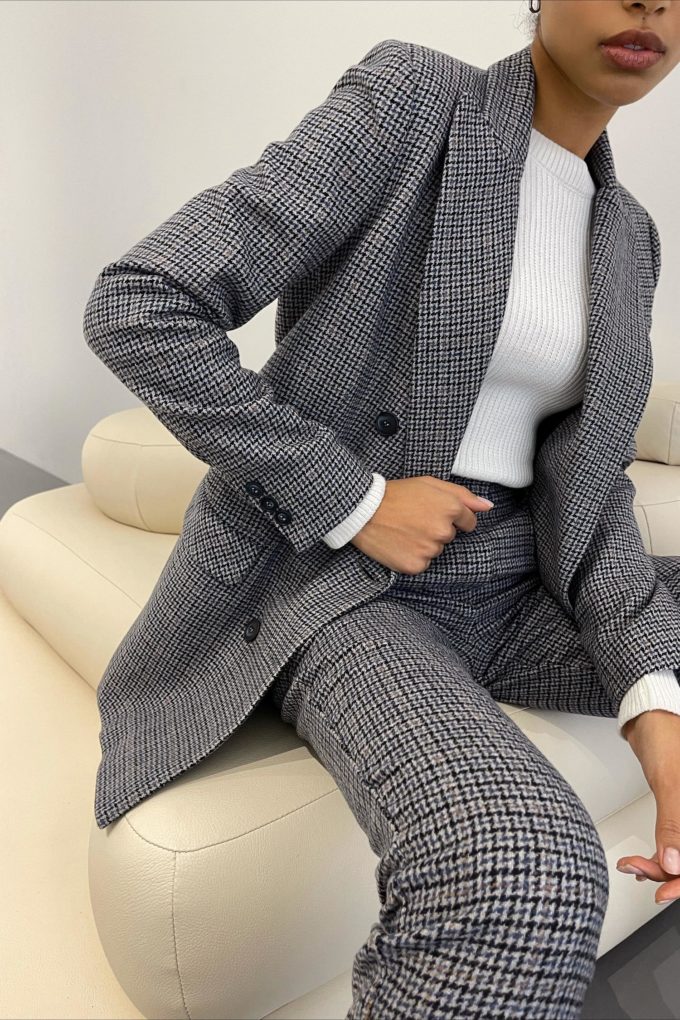 Double-breasted wool mix blazer in gray and blue