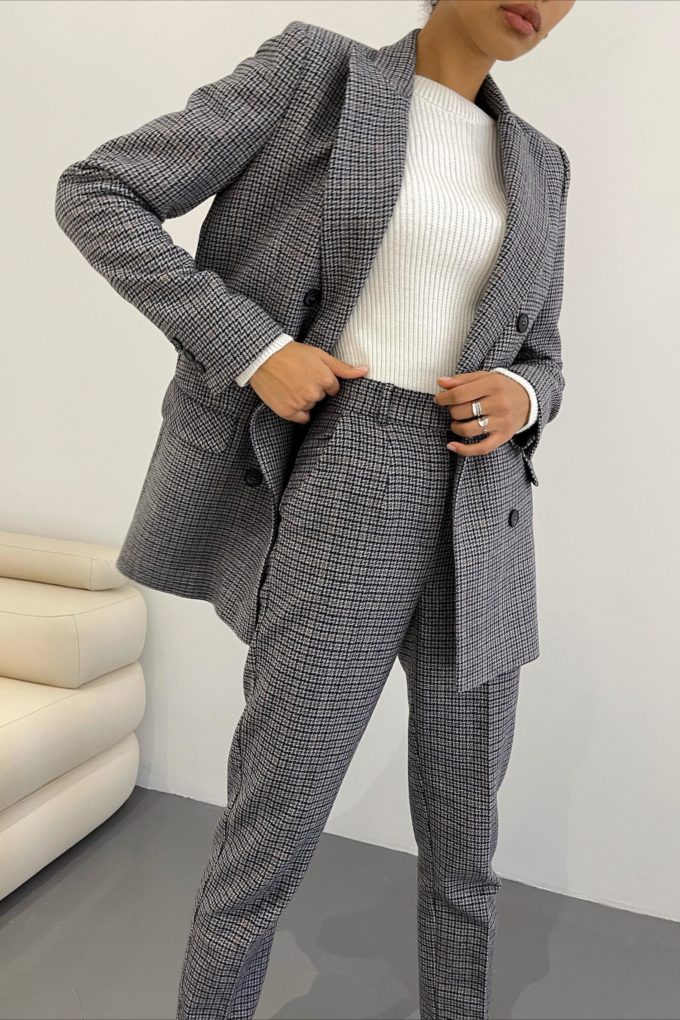 Double-breasted wool mix blazer in gray and blue