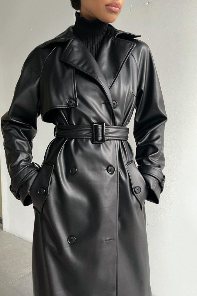 Faux leather oversized trenchcoat in black