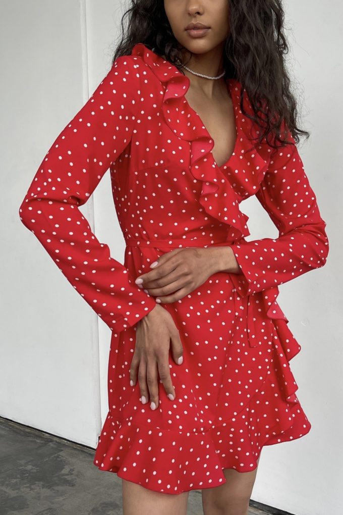 Mini dress with ruffles in red with white polka dot