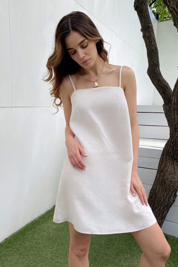 Linen sundress with thin straps in ivory