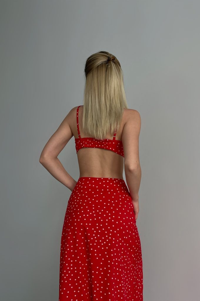Crossed thin straps cotton top in red with polka dot photo 2