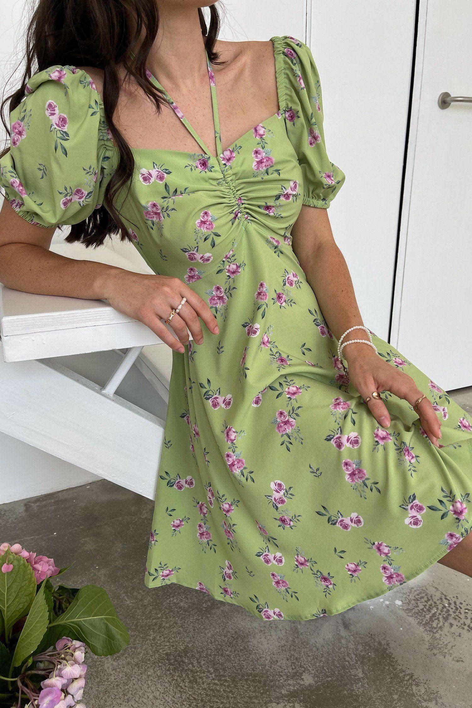 Сукня міні з куліскою Garden roses салатова - THE LACE
