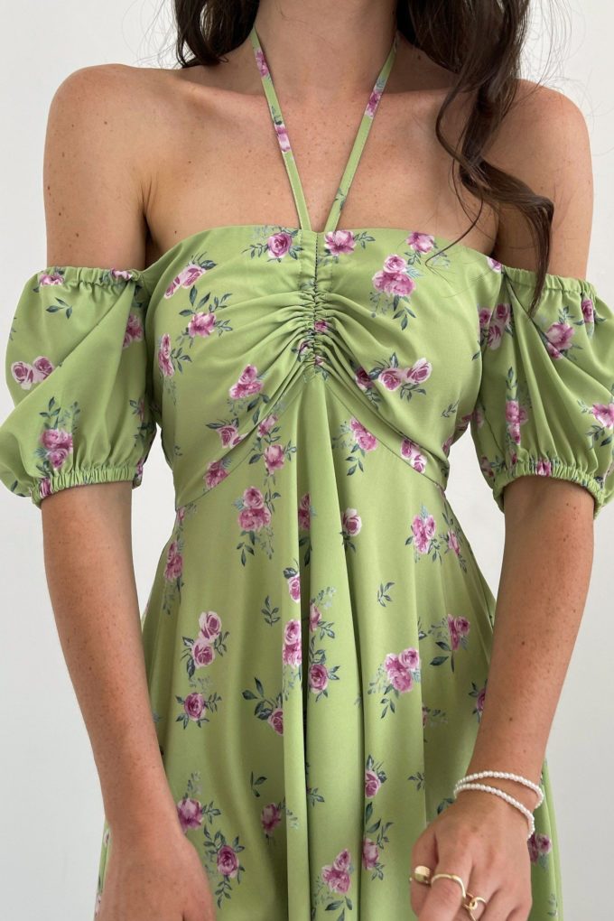 Mini dress with drawstring and Garden roses print