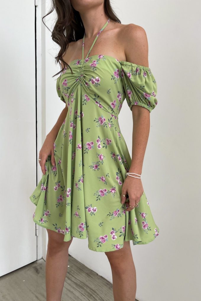 Mini dress with drawstring and Garden roses print