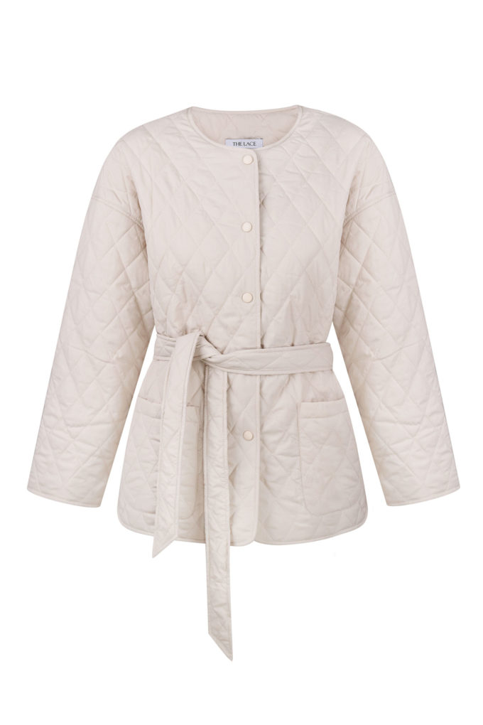 Quilted jacket with a belt in cream photo 5
