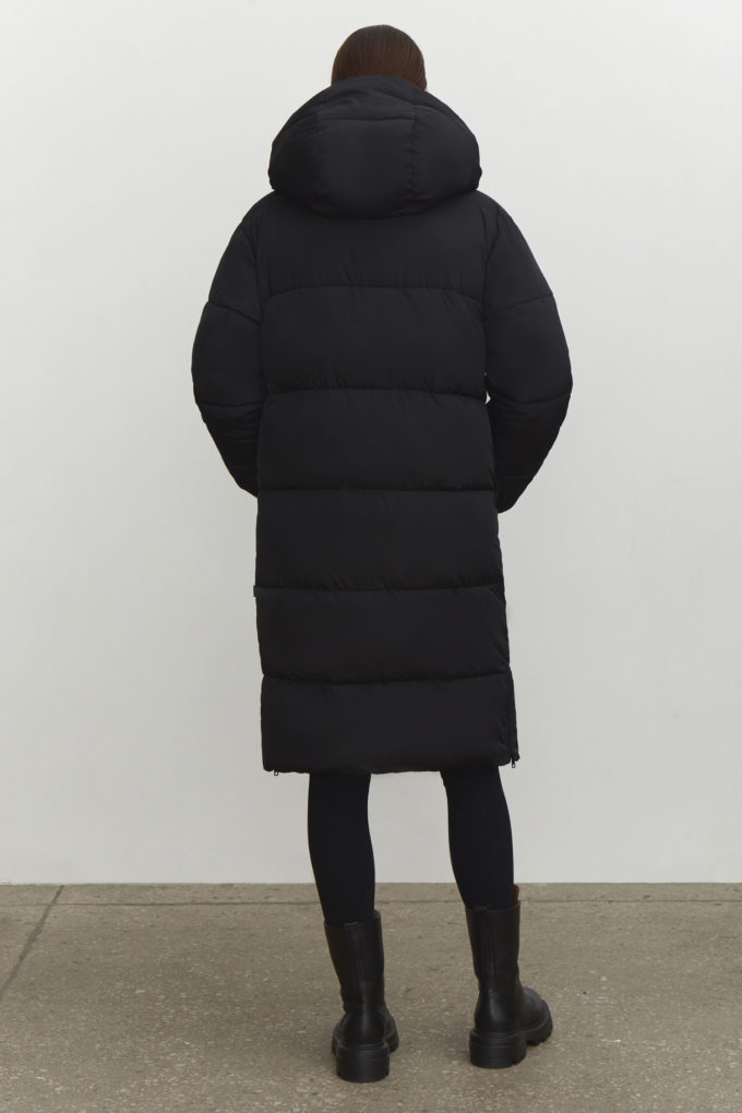 Long winter jacket with side zippers in black photo 4