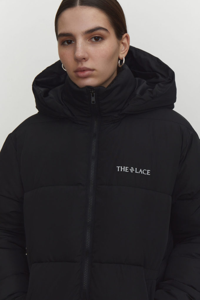 Long winter jacket with side zippers in black photo 2