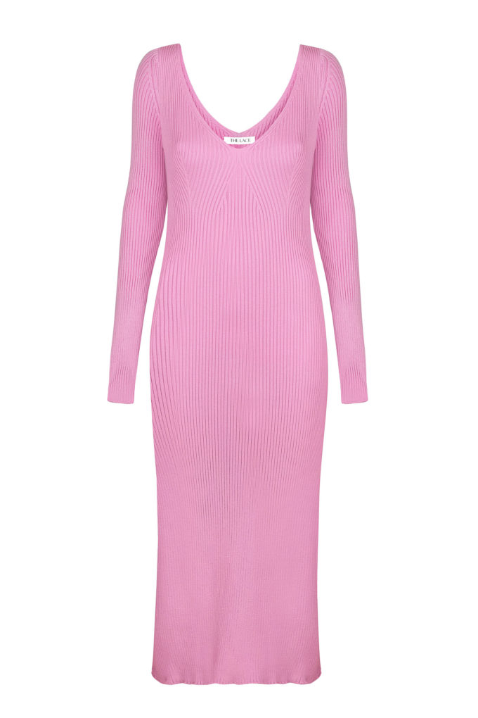Трикотажна сукня міді з відкритою спиною рожева фото 4