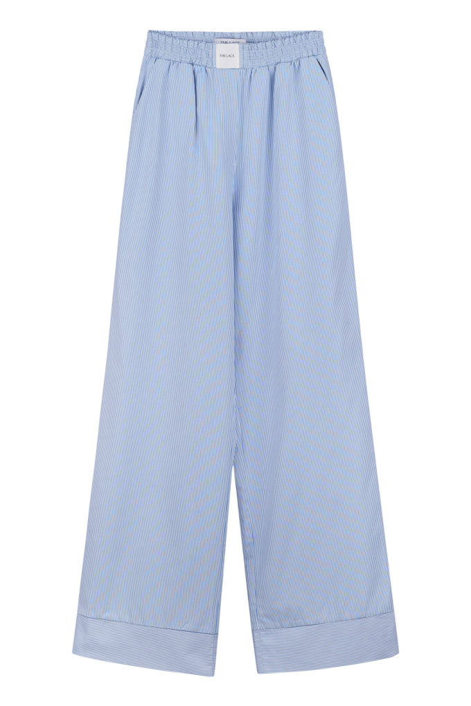 Light straight cotton pants with stripes in blue photo 4