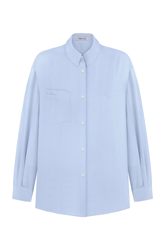Сорочка оверсайз з вишивкою у смужку блакитна фото 5