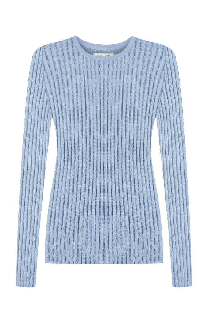 Translucent knitted crew neck jumper in blue photo 4