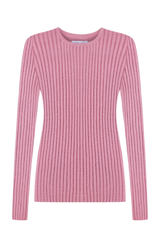 Translucent knitted crew neck jumper in rose photo 4