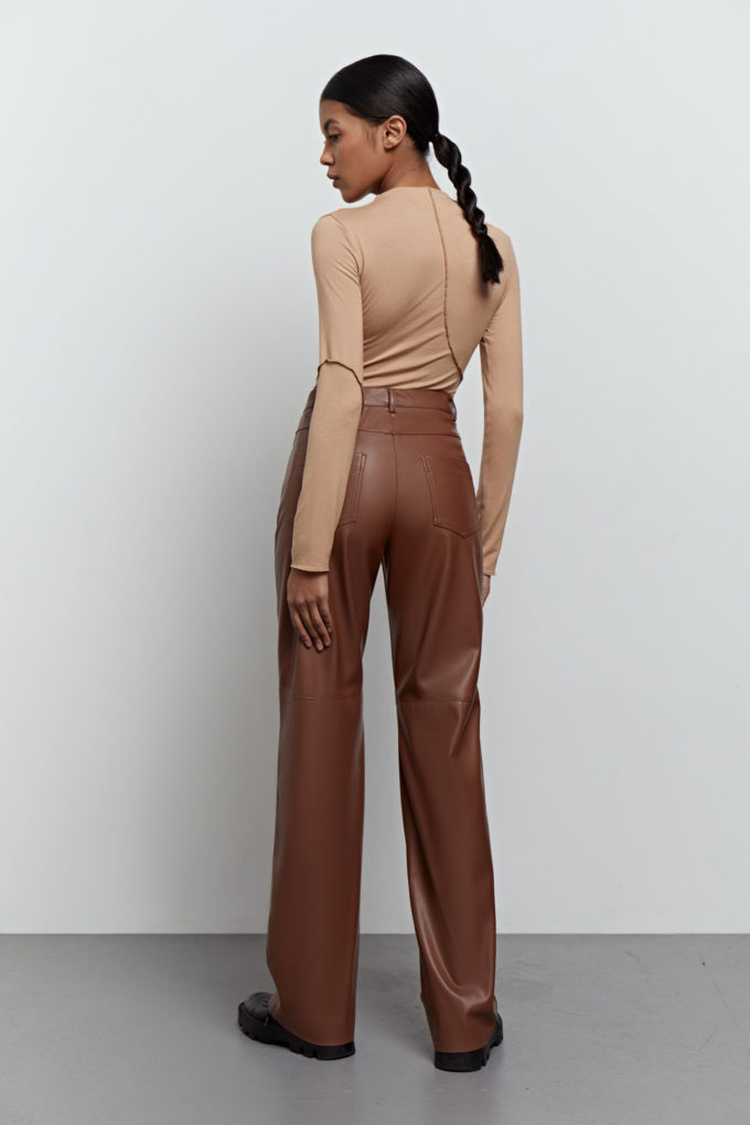 Faux leather straight pants in ginger photo 2