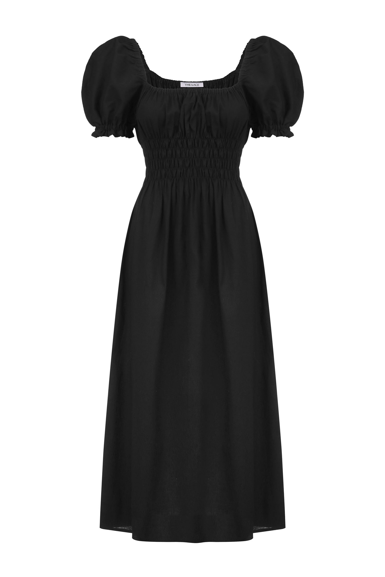 Сукня міді зі спущеними плечима з льону чорна - THE LACE фото 150529