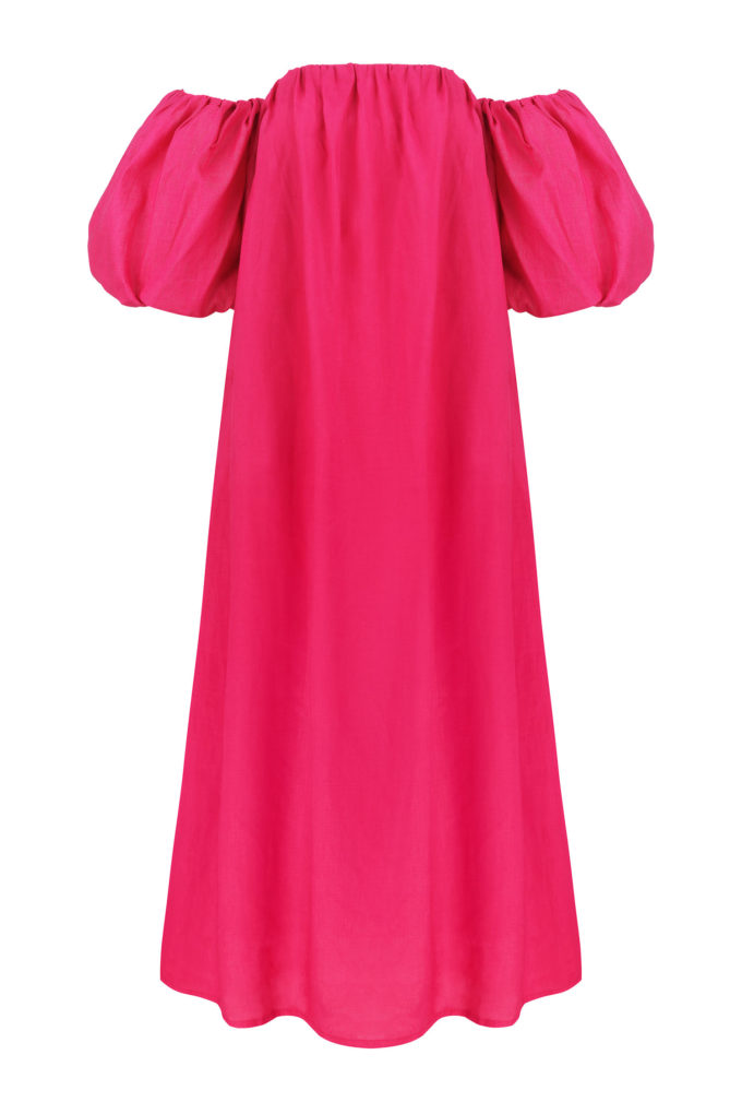 Сукня з льону з об’ємним коротким рукавом фуксія фото 4