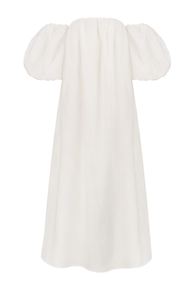 Сукня з льону з об’ємним коротким рукавом молочна фото 4