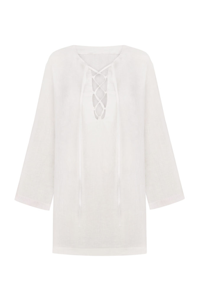 Сукня-сорочка міні з льону на зав’язках молочна фото 4