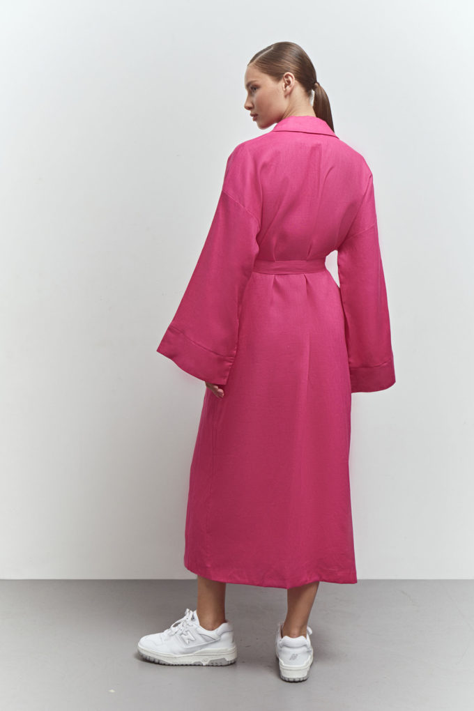 Midi linen kimono dress in fuchsia photo 2