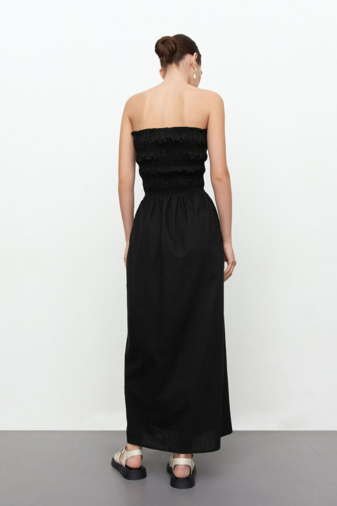 Linen bandeau midi dress in black photo 2