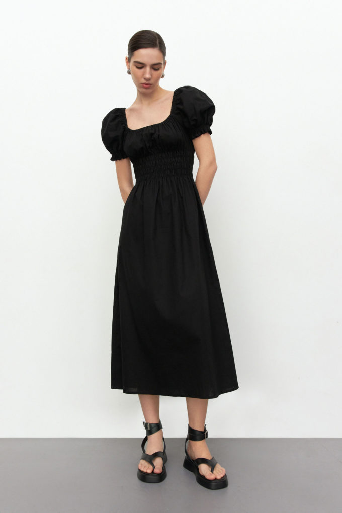 Сукня міді зі спущеними плечима з льону чорна - THE LACE