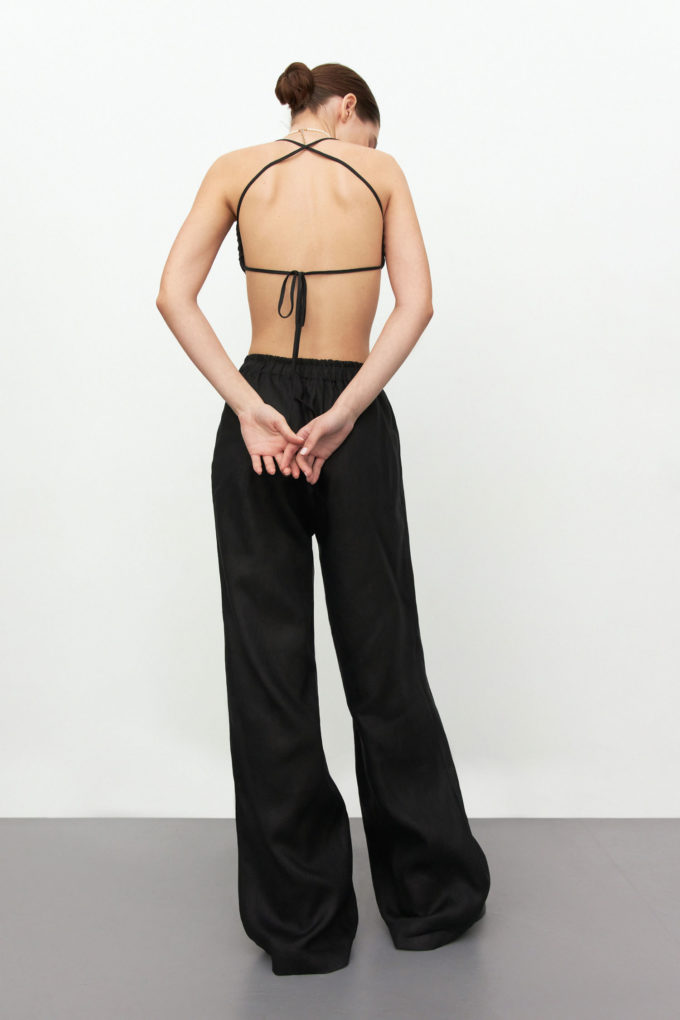 Linen pants with elastic band in black photo 2