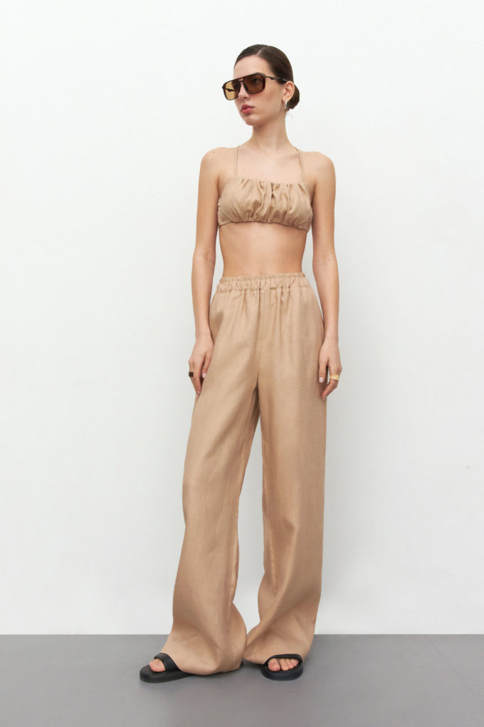 Linen pants with elastic band in beige photo 2