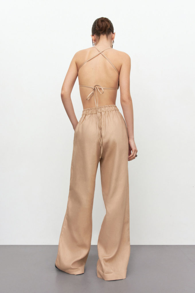 Linen pants with elastic band in beige photo 3