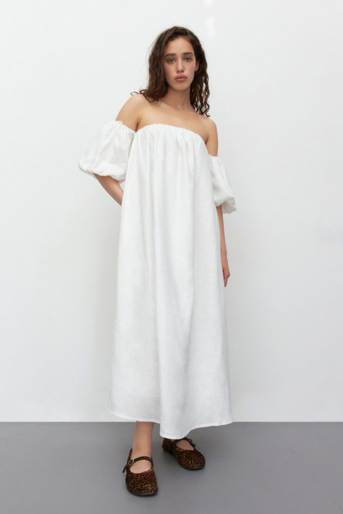 Сукня з льону з об’ємним коротким рукавом молочна - THE LACE