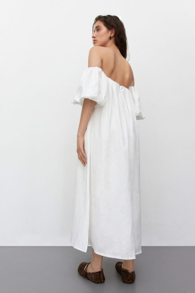 Сукня з льону з об’ємним коротким рукавом молочна фото 2