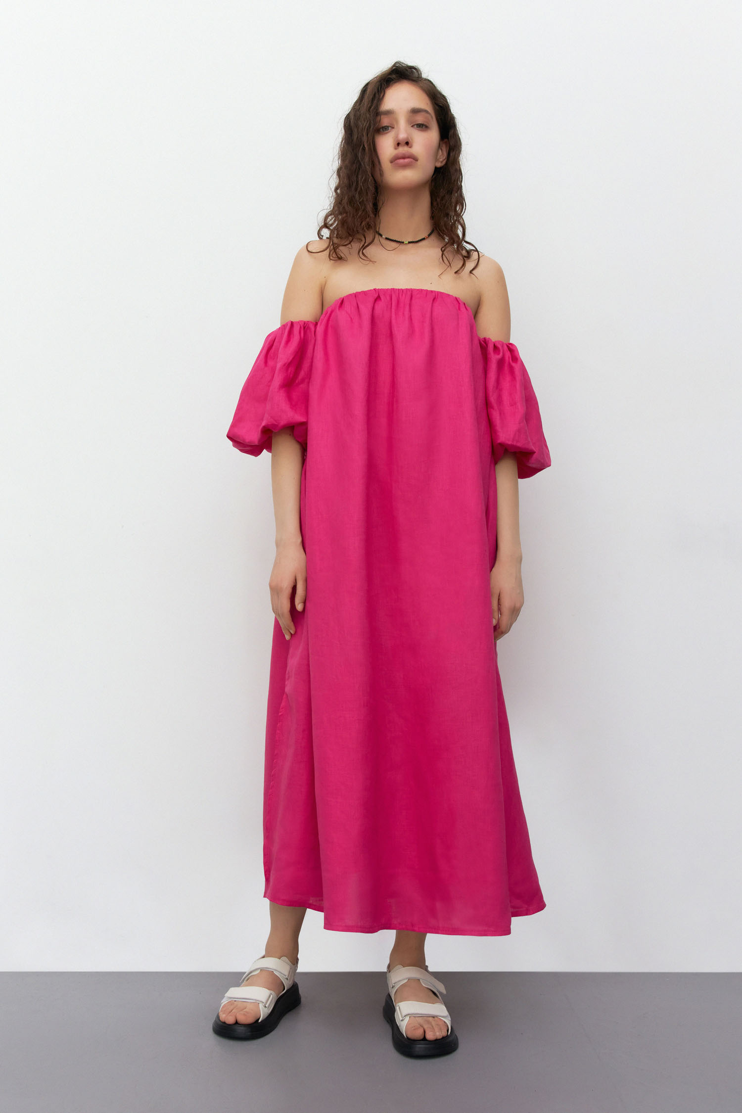 Сукня з льону з об’ємним коротким рукавом фуксія - THE LACE photo 151100