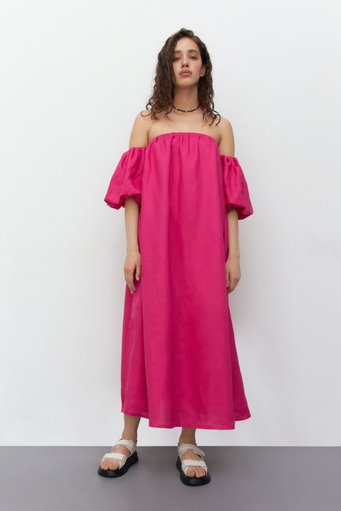 Сукня з льону з об’ємним коротким рукавом фуксія - THE LACE фото 151100