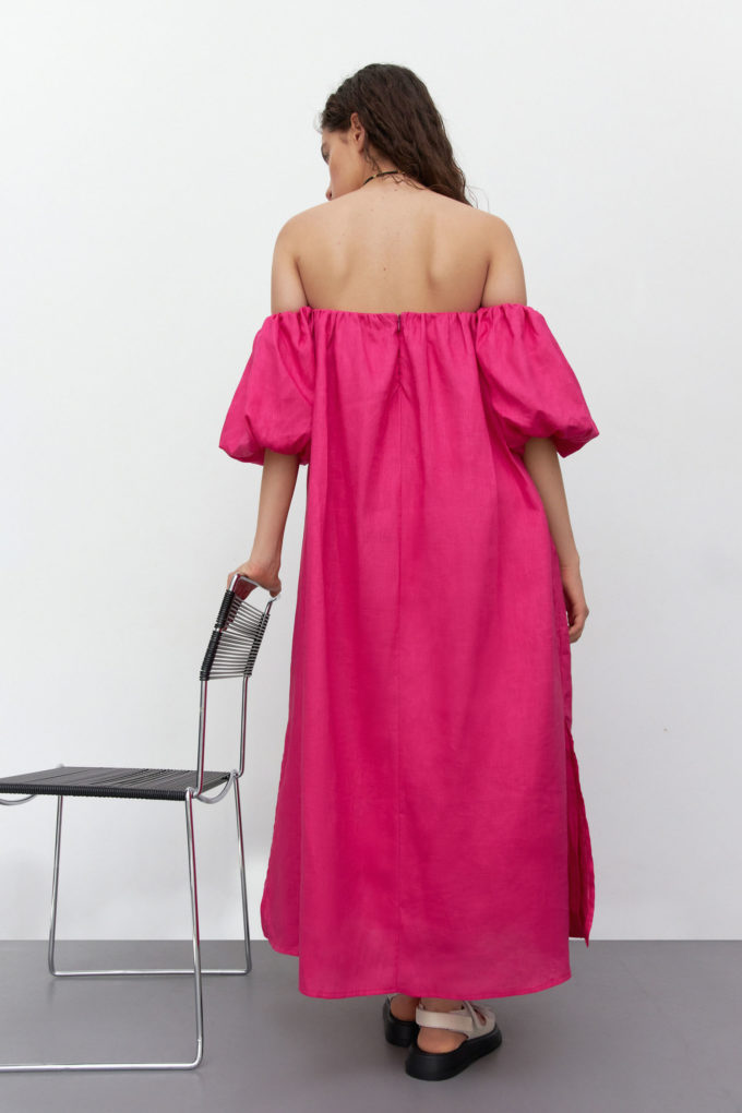 Сукня з льону з об’ємним коротким рукавом фуксія фото 2