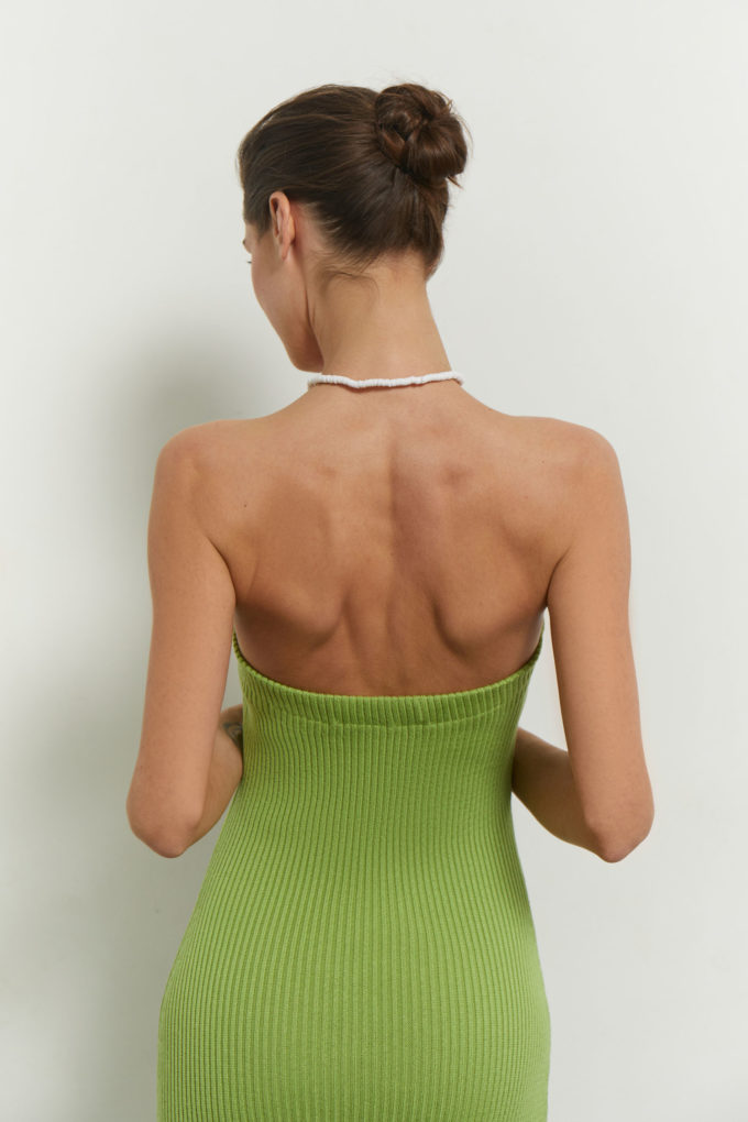 Knitted midi bandeau-style dress in light green photo 4