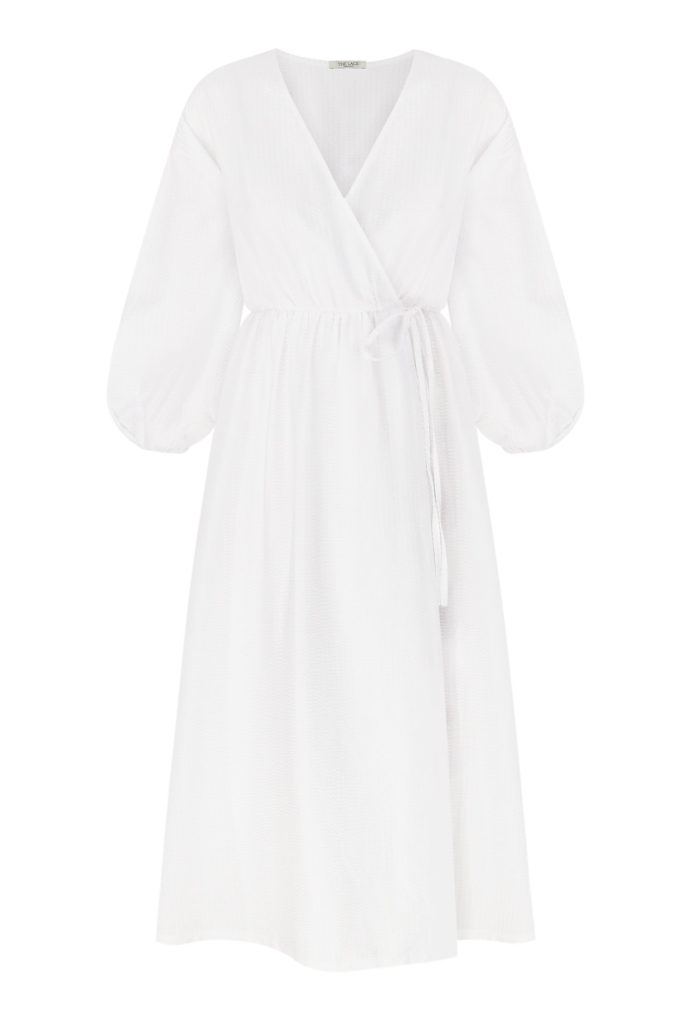 Сукня міді на запах в текстурну смужку біла фото 4