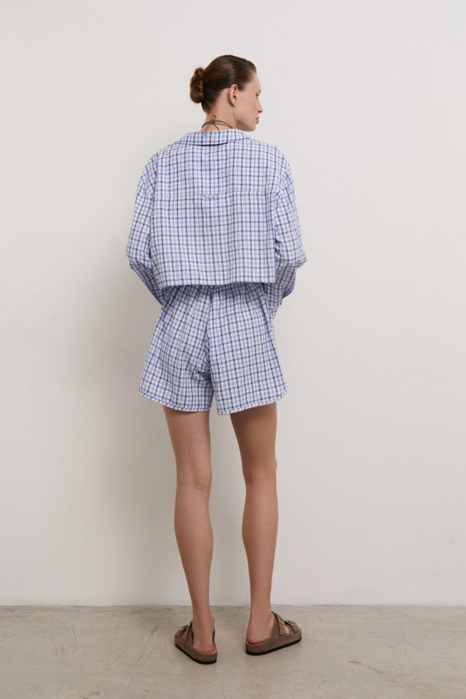 Oversized short cotton shirt in blue check (eco) photo 4