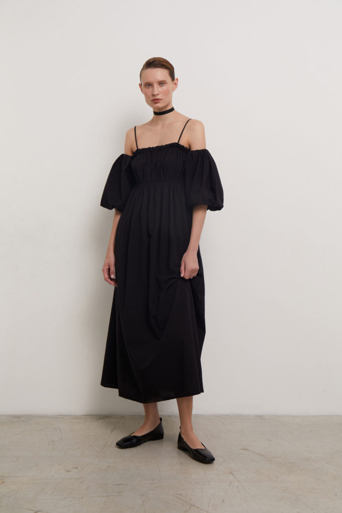 Сукня міді зі спущеними плечима чорна (eco) фото 2