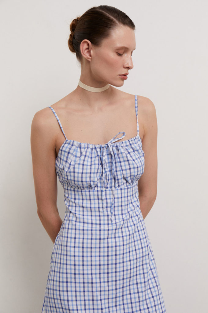 Sundress with thin straps in blue check (eco) photo 4