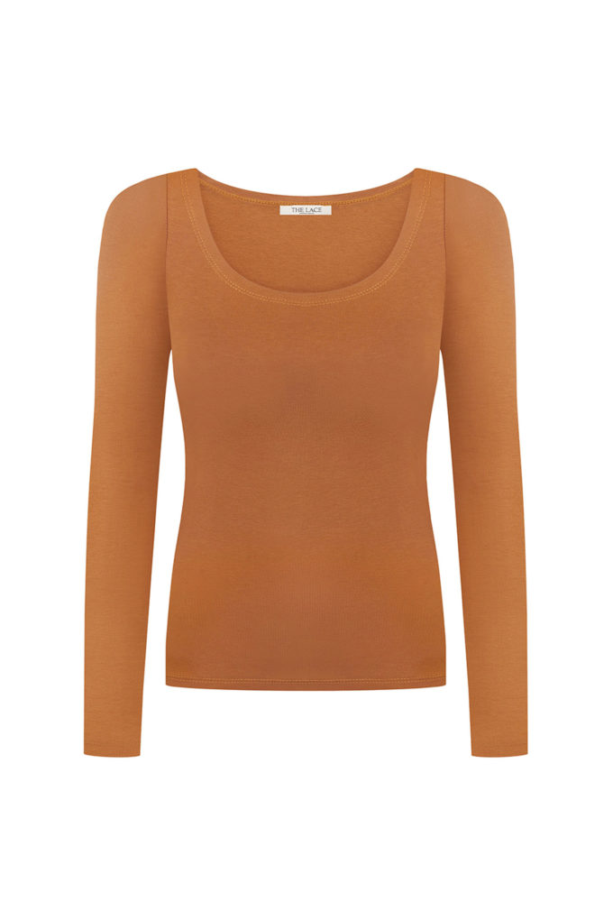 Longsleeve with round neck in camel color photo 4