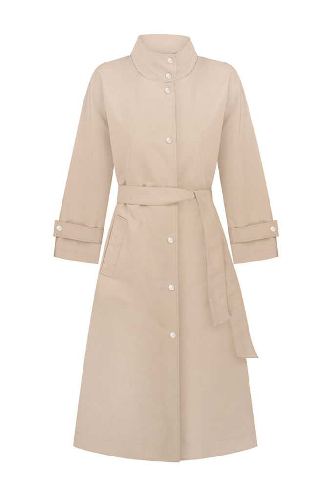 Beige trench coat with a free cut photo 4