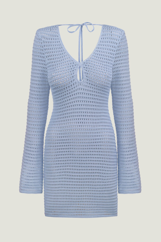 Knitted mini dress with an open back in blue photo 5