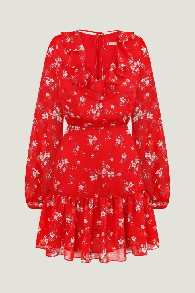 Сукня міні шифонова з воланами червона фото 5