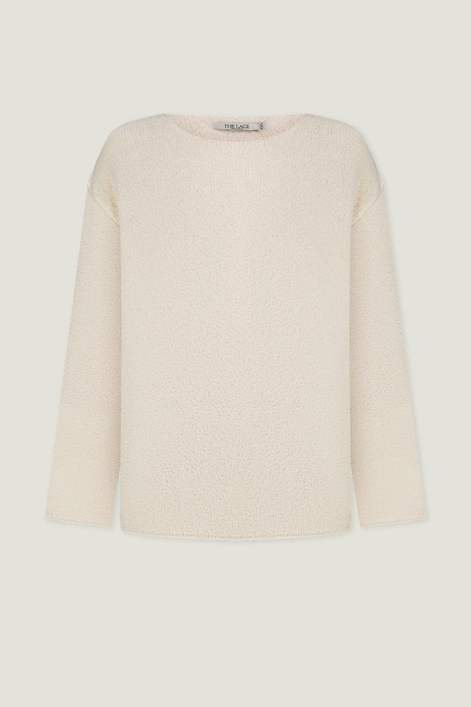 Knitted free cut boucle sweater in milky color photo 4